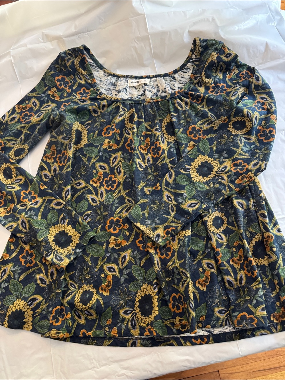 Natural Life Floral Scoop-Neck Long Sleeve Top in Navy and Mustard
